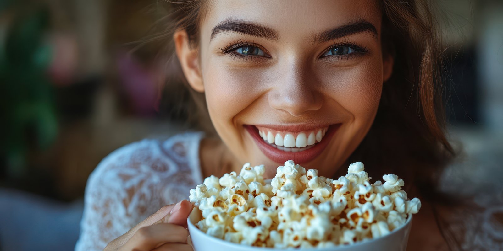 Smiling young woman enjoys a bowl of fresh popcorn while sitting indoors in a cozy atmosphere during a movie night